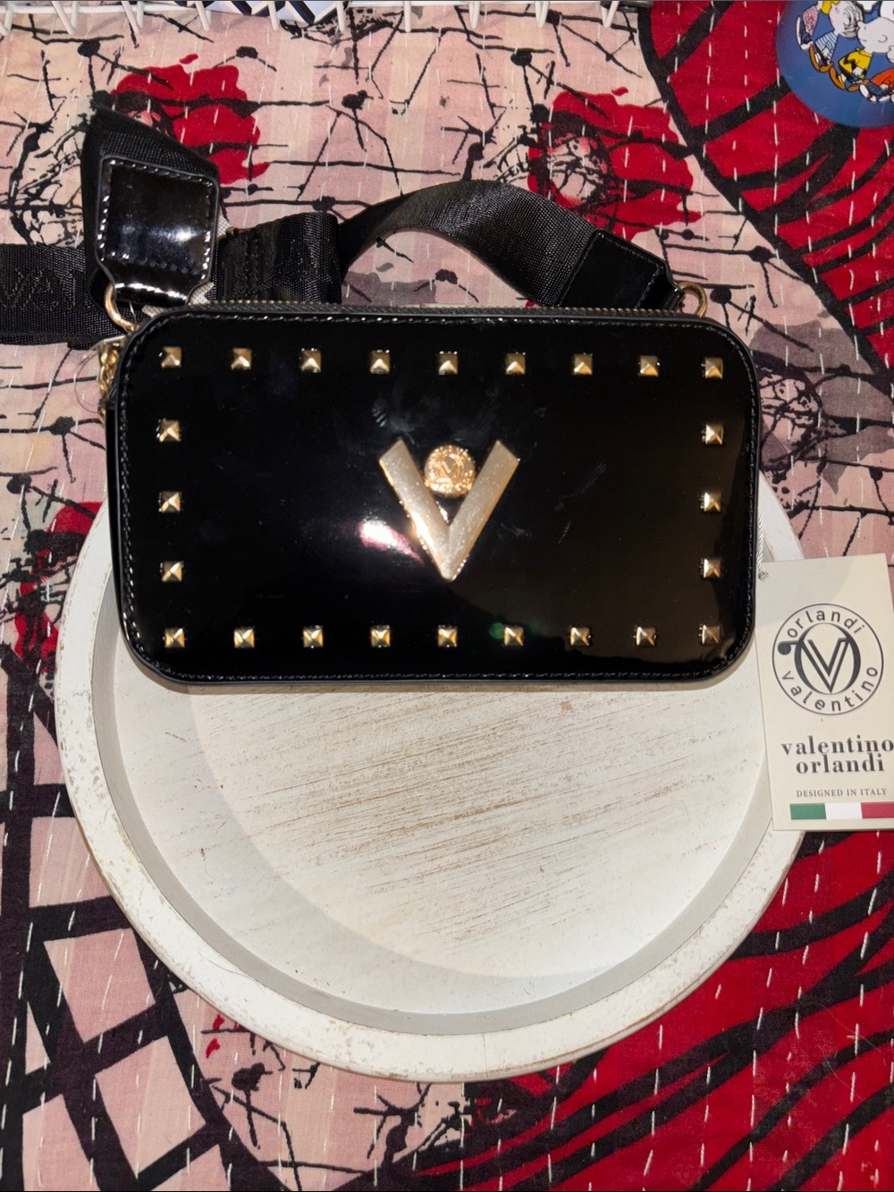 Valentino Orlandi Black Patent Crossbody with Gold Studs and V Logo